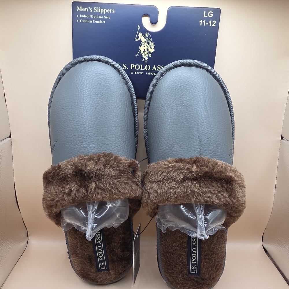U.S. Polo Assn. Slippers Men's 11-12 Large Grey Brown Fuzzy Slip-on House Shoes - Picture 1 of 4